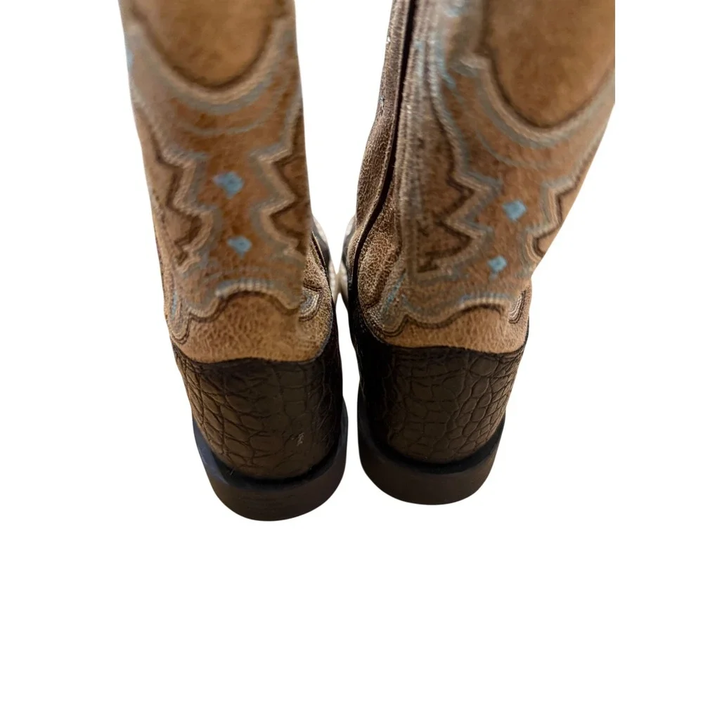 Old West Youth Cowboy Boots Black Faux Croc Tan Embroidered VB9112 Size 12D